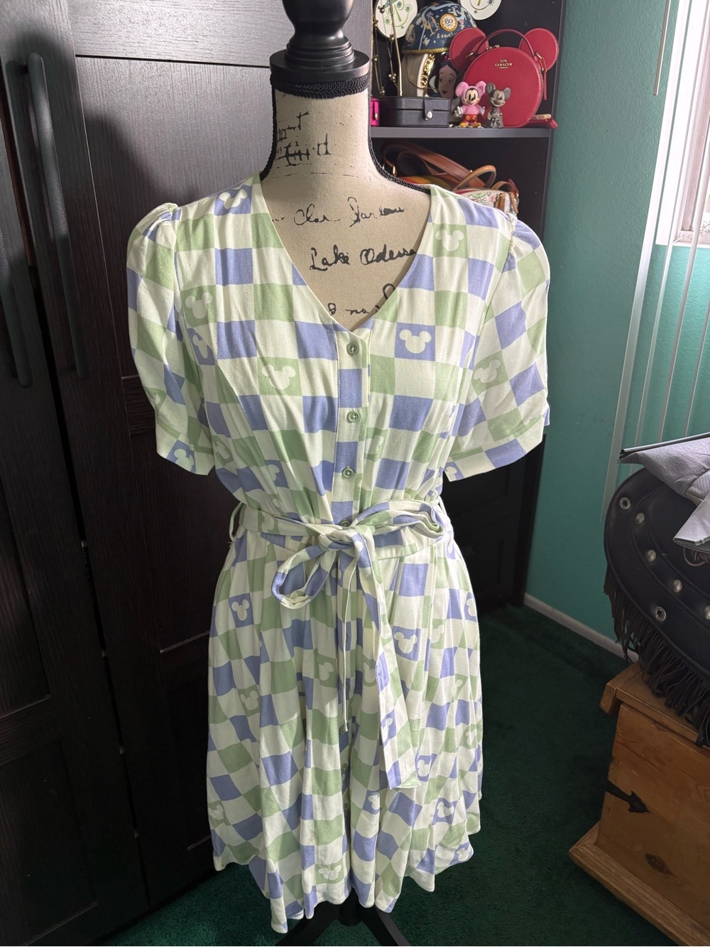 Her Universe Green and Lavender Gingham Tie-Waist Midi Dress